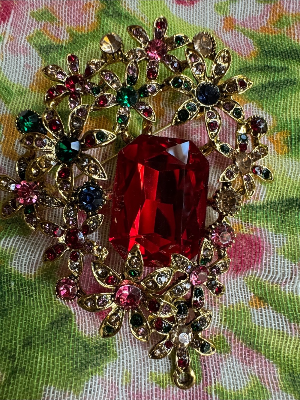 Gold-Tone Floral Brooch with Large Red Center Stone and Multicolor Accents